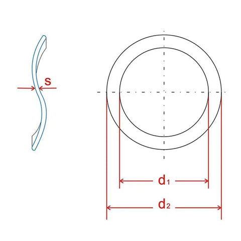 3-25mm Wave Spring Washers Kit With 65Mn Manganese Steel Gaskets, Elastic Washers, And Tri Washer Bearing Wave Pads In A Clear Storage Case, The All In One Go To Choice For Electrical, Automotive, Marine, And Home Connections. wave washer size diagram showing thickness s and diameters d1 d2