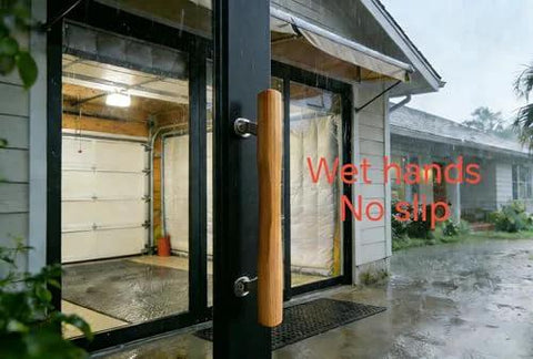 Natural Solid Wood Sliding Patio Door Handle With Ergonomic Curved Grip installed on patio door in rain