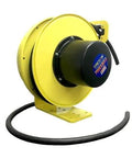Industrial Retractable Cable Reel With 20 Foot 12 Awg Soow Extension Cord And Nema L14-20 Plug, yellow reel and housing.
