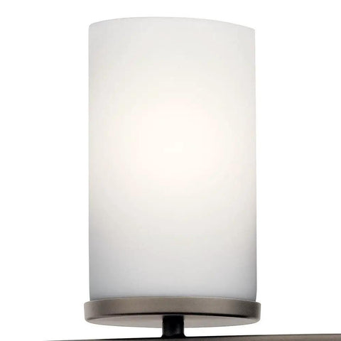 Close-up of satin etched opal glass shade on Crosby 23-Inch 3-Light Vanity Light in Olde Bronze Finish for bathrooms