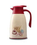 Hella Smooth Pour Vacuum Insulated Glass Kettle With Zinc Handle And Secure Silicone Seal Keeps Your Brews Piping Hot All Day Total Game Changer For Daily Tea And Coffee Runs. Insulated kettle with decorative design and red lid.
