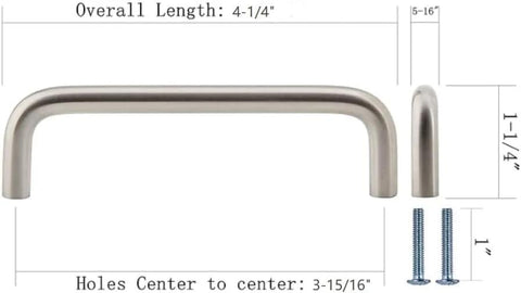 Solid Wire Cabinet Pulls Ultra Minimal Handles For Cupboards And Drawers, Satin Nickel Finish, dimensions diagram with screws