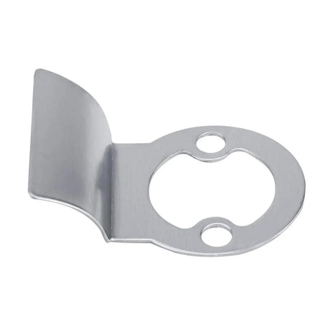 Close-up of zinc alloy door lock bolt mounting plate with circular cutout and two screw holes
