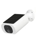 5MP 4G Solar Outdoor Security Camera Featuring Sharp Human Detection And Always On Deck Color Night Vision mounted on a wall.