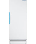 Built Tough 14.83 Cubic Feet Upright All Freezer For Vaccine Storage With Dependable Data Logger And No Sweat Thermostat Controls Right Hand Door Swing Smooth White Cabinet Complete front view.