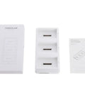 Drone Battery Charging Hub For DJI Phantom 4 Series That Charges Three Batteries In Sequence With No Fuss Fast Smart Reliable Performance And Easy Installation Built Tough For Professional Use And Long Lasting Durability next to box and manual.