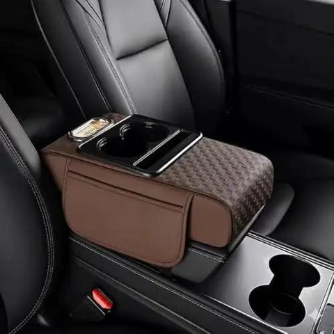 Waterproof Faux Leather Armrest Box Mat With Dual Cup Holders, Phone Slot, Tissues, Side Pockets, Elastic Straps, And Absorbent Cup Coaster, Quilted Elbow Rest For Long Drives, Keeps Your Ride Clean, Organized, And Comfy. car center console