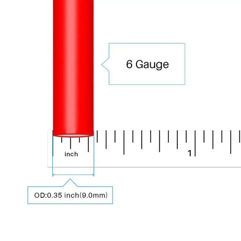 Close-up of red 6 AWG silicone wire with ruler showing 0.35 inch diameter, part of the 6 AWG Silicone Wire Set 10 Feet Red And 10 Feet Black Ultra Flexible 3200 Strands 0.08mm Tinned Copper Wire For Auto Audio Marine And DIY Electrical Projects.
