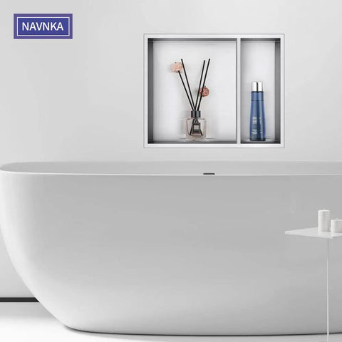 Shower Niche Insert Storage Dual Shelf For No Tile Needed Walls 16x20 Inner Shelves 16x13.5x3.75 And 16x6x3.75 installed above bathtub