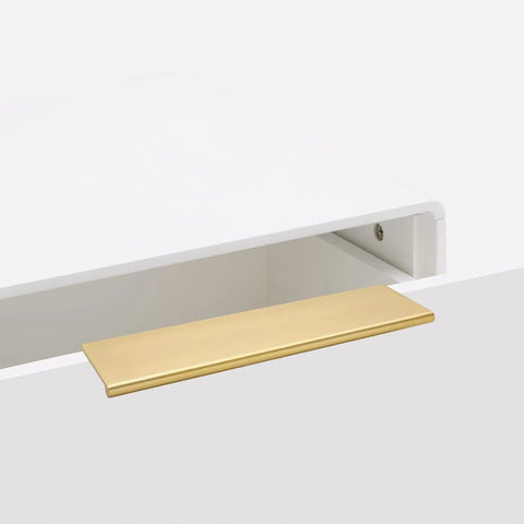 Champagne Gold Drawer Edge Pulls 30 Pack Aluminum Finger Pull Handles For Cabinets And Dresser Drawers installed on white drawer