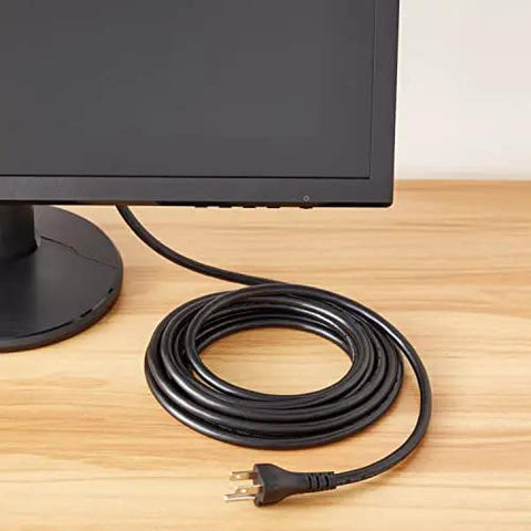 Universal 15 Foot Power Cord For PC Monitor And Printer 3 Prong 18 AWG 125V NEMA 5-15P To IEC320C13 UL Listed Black Cable coiled on desk