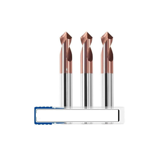 Carbide spot drill bit set with three copper-tipped bits and silver shanks (60/90/120°)