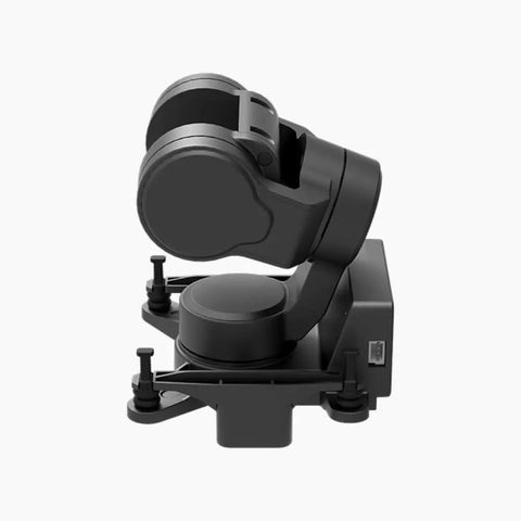 Three Axis FPV Camera Gimbal With Head Tracking And Pan Tilt Mount, UART PWM Control, C-20T Model, side view, black material.