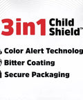 3in1 Child Shield™ packaging showing color alert technology, bitter coating, and secure features for safety.