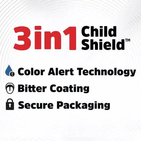 3in1 Child Shield™ packaging showing color alert technology, bitter coating, and secure features for safety.