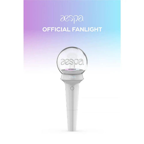 Official AESPA Light Stick For Kpop Fans with a clear LED globe, 94x94x257 mm, concert baton on white background.