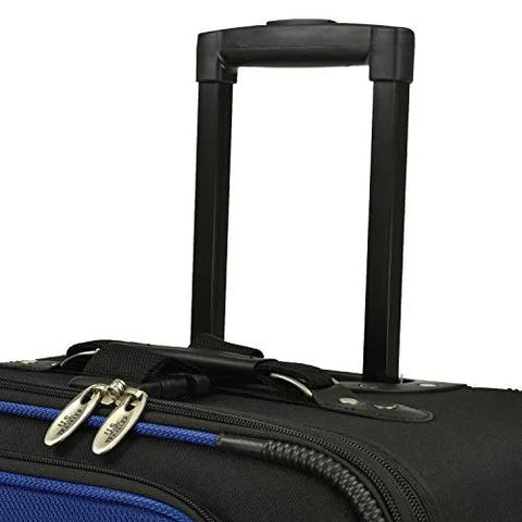 U.S. Traveler New Yorker rolling luggage with extendable handle; black body with blue trim.