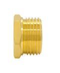 Brass garden hose fitting, side view; 1/2 in NPT female to 3/4 in GHT male connector