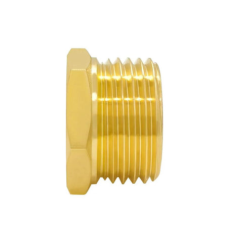 Brass garden hose fitting, side view; 1/2 in NPT female to 3/4 in GHT male connector