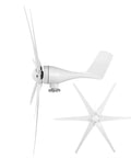 Six Nylon Fiber Blade Wind Turbine Generator With Controller For Home Wind Power System Built For Off Grid Energy And Real Life Power High Efficiency Aerodynamic Design Permanent Magnet Rotor And Low Drag showing side and front view.