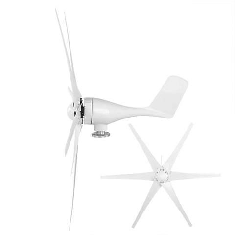 Six Nylon Fiber Blade Wind Turbine Generator With Controller For Home Wind Power System Built For Off Grid Energy And Real Life Power High Efficiency Aerodynamic Design Permanent Magnet Rotor And Low Drag showing side and front view.