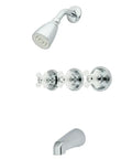 Tub And Shower Faucet With Three Cross Handles In Polished Chrome Brass Construction Pressure Balanced Washerless Cartridge Five Inch Spout Reach 2.0 GPM At 80 PSI Title 20 Compliant Built To Last