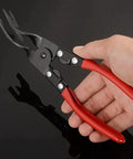 Heavy Duty Plastic Rivet Snap Pliers For Panel Clip Removal And Rivet Pulling with red and black handles held in hand