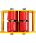 Beefed Up Heavy Duty Machinery Skate Dolly 13200 Lbs Capacity Industrial Mover For Smooth Equipment Transport And Relocation In Warehouses And Factories Built For Heavy Gear Handling And Quick Maneuverability, yellow steel dolly with four red PU wheels