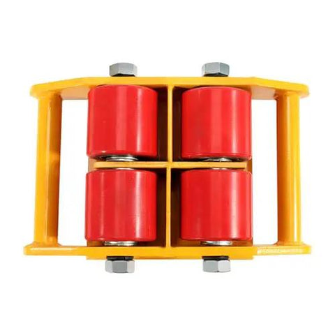 Beefed Up Heavy Duty Machinery Skate Dolly 13200 Lbs Capacity Industrial Mover For Smooth Equipment Transport And Relocation In Warehouses And Factories Built For Heavy Gear Handling And Quick Maneuverability, yellow steel dolly with four red PU wheels