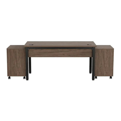 Top Tier 60 Inch Industrial Office Desk And Rolling Mobile Pedestal Set With Five Smooth Glide Storage Drawers In Driftwood Gray.