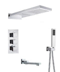 Straight Up Knockout Style Matte Black Rainfall Shower System With Waterfall Body Spray And Thermostatic Mixer Valve Wall Mounted shower kit with sleek chrome finish.