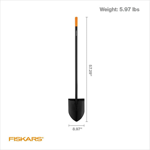 Beefy Heavy Duty Garden Shovel With Straight Handle For Digging In Tough Soil shown with measurements and weight