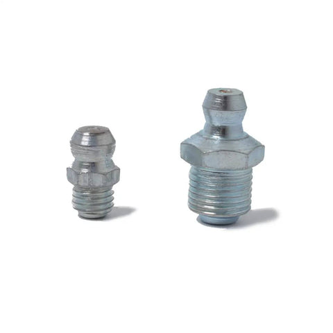 Two steel grease fittings from 80 Piece Grease Fitting Assortment Kit With Angled And Straight Nozzles For Easy Lubrication In Automotive And Machinery