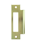 Brass Plated Strike Plate Four Seven Eight Inch With Large Hole For Mortise Locks Steel Construction Cutout Size Three Quarter Inch Wide By Two And Three Quarter Inch Tall Heavy Duty Door Hardware For Secure Latching