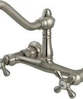 Solid Brass Wall Mount Bathroom Faucet With Brushed Nickel Finish, 8-Inch Center, detailed view of antique-style spout and handles.