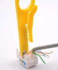Three Pack Handy Network Wire Stripper Punch Down Cutter For RJ45 Cat5 Cat5e Cat6 Data Cables And Telephone Cables UTP Cable Easy To Use Do It All Tool For Stripping And Punchdown in use with data cable and connector.