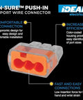 Ideal Electrical In-Sure 3-Port Push-In Wire Connector, transparent housing with orange insert, color-coded ports