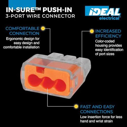 Ideal Electrical In-Sure 3-Port Push-In Wire Connector, transparent housing with orange insert, color-coded ports