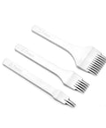 White Steel Leather Crafting Tool Set Featuring a 2.7mm Prong Stitching Chisel and 2510 Punch Lacing Irons, top view of stitching chisels