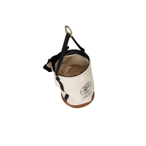 Heavy Duty Canvas Top Closing Bucket With Zipper 150 Pound Load Rated 22 Inch Tall 14 Inch Top Opening No 1 Canvas Leather Reinforced Bottom Durable 5 Gallon Tool Carrier For Pros, top view showing leather base and open top.