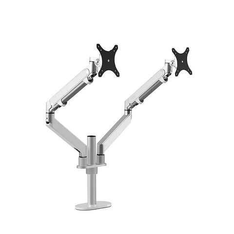 Slick Full Motion Monitor Mount Arm With Smooth Gas Strut Glide Heavy Duty Aluminum Desk Holder featuring dual monitor arms.