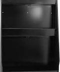 Black Wall Mount Aluminum 3-Shelf Open Storage Cabinet with lip edges for race trailers and garages, showing pre-drilled mounting holes.