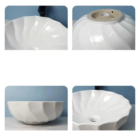 USZWBY Vessel Sinks Modern Minimalist Hotel Washroom Above Basin Bathroom Round Washbasin Ceramic Vessel Sink Bathroom Bowl Sink, top view with ridged design.