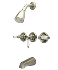 Tub And Shower Faucet With 3 Porcelain Lever Handles In Brushed Nickel 5 Inch Spout Reach Victorian Inspired Trim Plate Solid Brass Construction And Enhanced Water Coverage With 7 3 8 Inch Shower Arm Reach