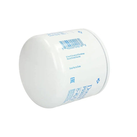 Side view of P550318 Lube Filter Spin On Full Flow Replacement Oil Filter for cars, trucks, and heavy equipment, white cylindrical