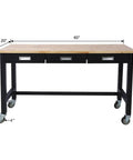 Front view of 60 Inch Heavy Duty Mobile Workbench With Three Drawers Solid Rubber Wood Top Locking Casters Rolling Steel Work Table