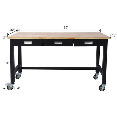 Front view of 60 Inch Heavy Duty Mobile Workbench With Three Drawers Solid Rubber Wood Top Locking Casters Rolling Steel Work Table