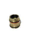 Brass waterjet seal cartridge AT01204 for 100000 psi intensifier pump, angled front view with red and black O-rings