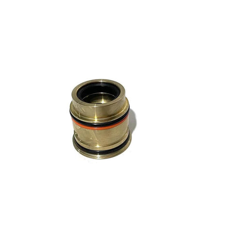 Brass waterjet seal cartridge AT01204 for 100000 psi intensifier pump, angled front view with red and black O-rings