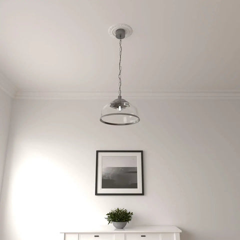 Room with ceiling light and Claremont Ceiling Medallion Nine Inch Outer Diameter, Inner Opening Four and a Half Inches, One Half Inch Projection